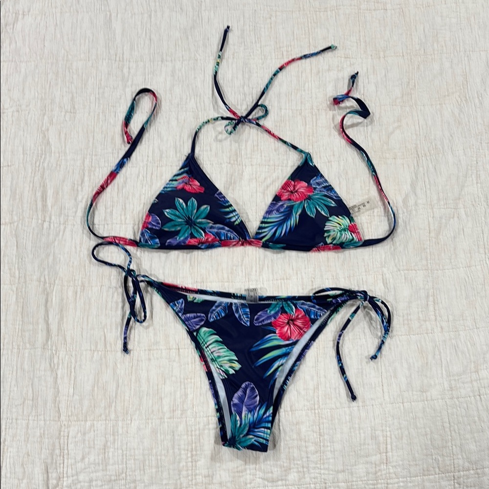 SHEIN Tropical Print Bikini - Navy, Pink, Green